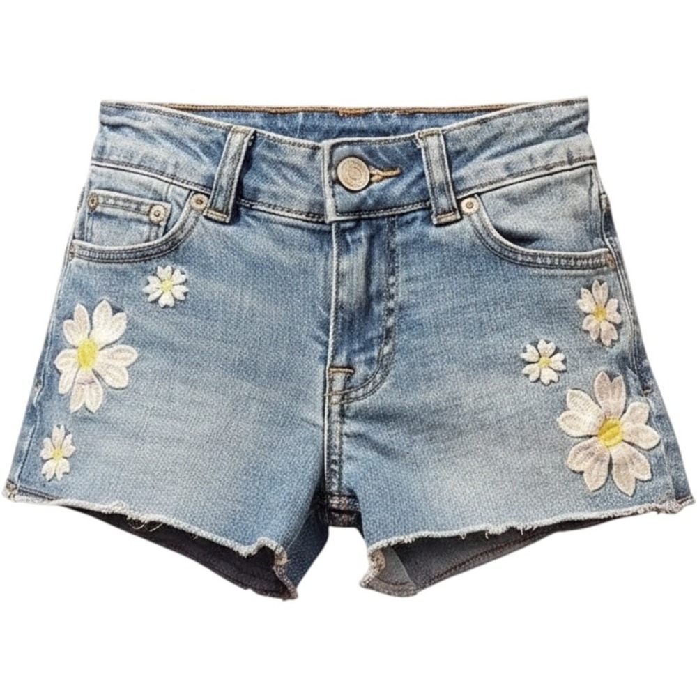 Boden Shorts Girls Blue Denim Daisy Floral Embroidered Cutoff Shorts Cottagecore